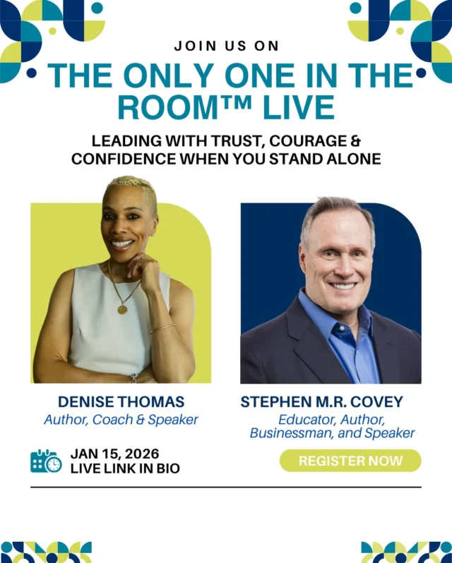 What does it really mean to lead when you’re the only one in the room?

On January 15, I’m going live for a powerful virtual leadership conversation to celebrate the launch of my book The Only One in the Room and you’re invited.

I’ll be joined by none other than Stephen M. R. Covey, bestselling author of The Speed of Trust, as we unpack what it takes to lead with trust, confidence, and presence especially when you’re navigating difference, visibility, and influence.

This isn’t just a webinar. It’s a moment for anyone who’s ever led from the margins, spoken up when it was hard, or carried the weight of being “the only.”

📅 Thursday, January 15
⏰ 12 PM CST | 1 PM EST
🎥 Virtual — Live + Replay Available
✨ Free to attend but Registration REQUIRED 

Secure your spot and join the conversation.
Register now at realcommcoach.com

#TheOnlyOneInTheRoom #LeadershipConversation #LiveWithDenise #StephenMRCovey #LeadWithTrust