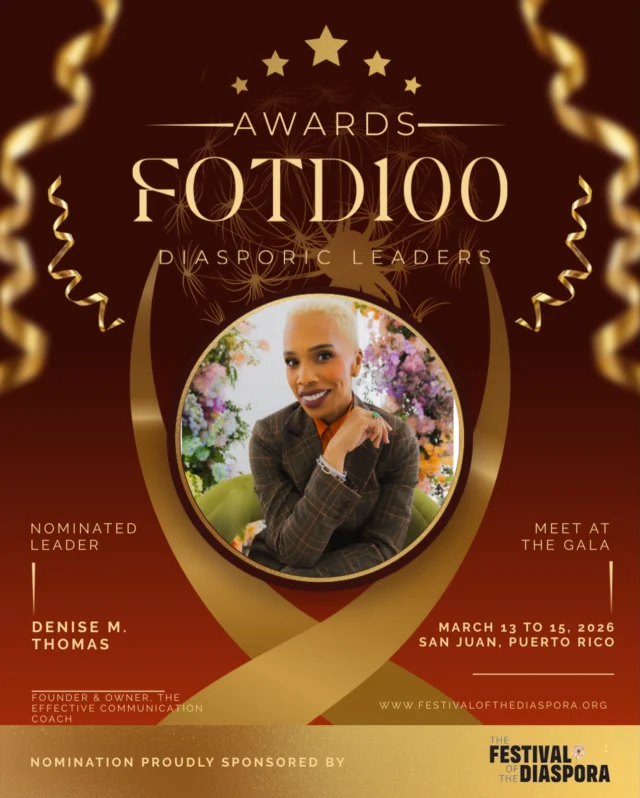 Honored. Humbled. Grateful. 🙌🏾✨
I’ve been nominated as one of this year’s FOTD100 Diasporic Leaders by @festivalofthediaspora!

This recognition means the world not just for me, but for every leader who’s ever felt like “the only one in the room.”

📍 I’ll be joining brilliant leaders from across the globe in San Juan, Puerto Rico this March.
🗓 March 13–15, 2026
🔗 Register + learn more: festivalofthediaspora.org￼

#FOTD100 #FestivalOfTheDiaspora #DiasporicLeaders #LeadershipRecognition #BlackExcellence