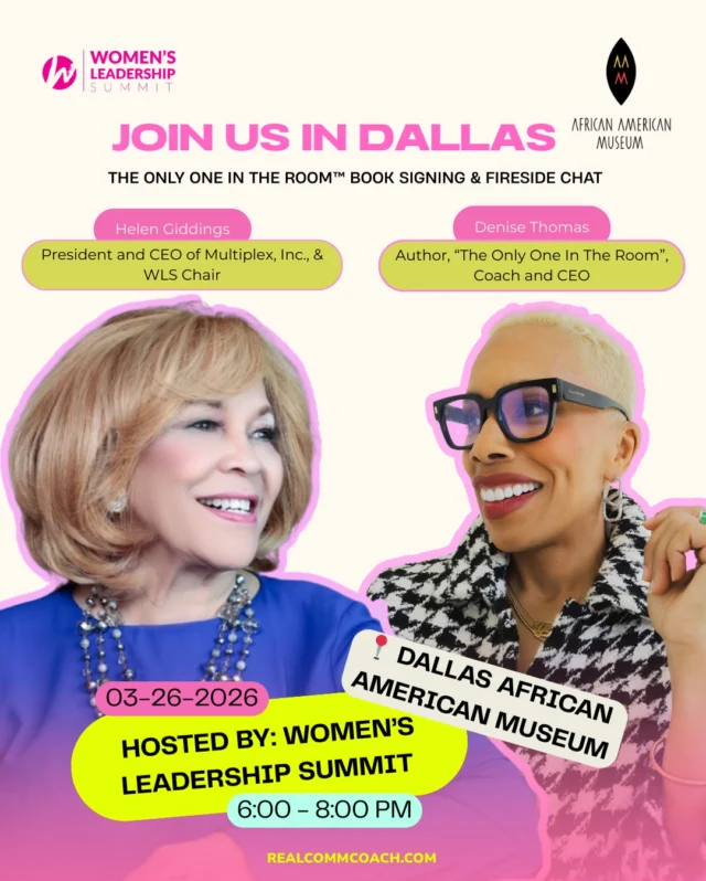 Have you ever been the only one in the room?

The only woman.
The only person of color.
The only voice willing to say what needs to be said.

On Tuesday, March 26, I’m teaming up with the Dallas Women’s Leadership Summit at the Dallas African American Museum for an intimate Fireside Chat + Book Signing around my new book, The Only One in the Room.

We’ll shift how you:
THINK about your seat at the table
FEEL when you walk into the room
DO when it’s your turn to speak

📍 Dallas African American Museum
🕕 6:00–8:00 PM
🎟️ RSVP on Eventbrite: [link]

Come for the conversation. Stay for the connections. Leave owning every room you walk into. 💫

#TheOnlyOneInTheRoom #WomensLeadership #WomensHistoryMonth #DallasEvents #BookSigning

https://www.eventbrite.com/e/the-only-one-in-the-room-live-fireside-chat-book-signing-networking-tickets-1982547480884?utm-campaign=social&utm-content=attendeeshare&utm-medium=discovery&utm-term=listing&utm-source=cp&aff=ebdsshcopyurl